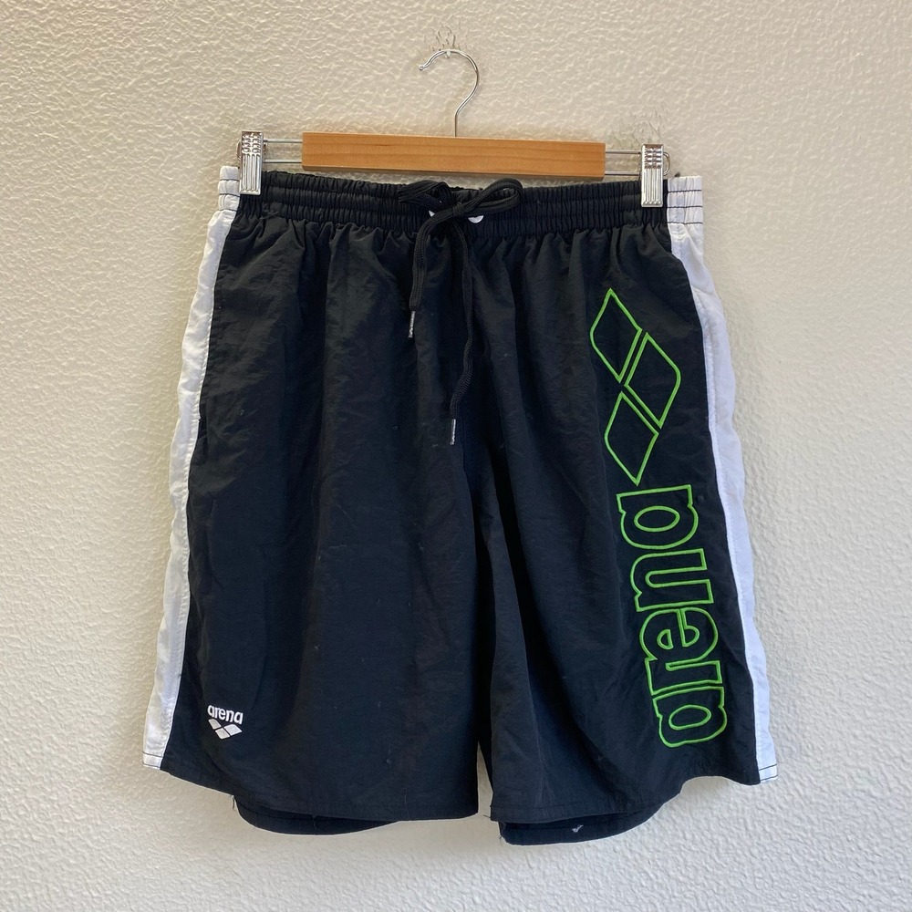 Arena Swim Shorts Mens Size L Black Good Neon Green Logo White Stripe